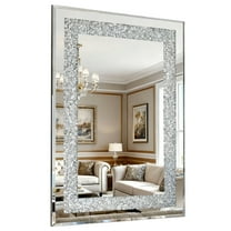 S-HOME Large 36x24 Inch Silver Beveled Edge Wall Mirror with Crystal Cut Frame, Modern Decorative Accent for Living Room and Bedroom Spaces