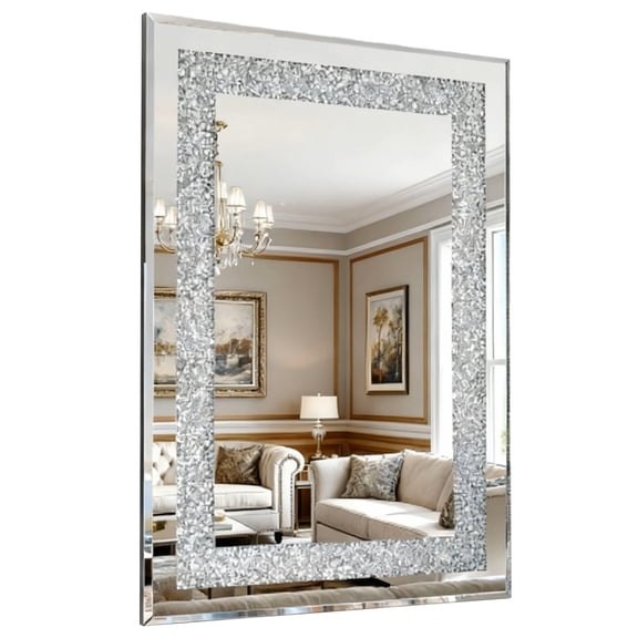 S-HOME Large 36x24 Inch Silver Beveled Edge Wall Mirror with Crystal Cut Frame, Modern Decorative Accent for Living Room and Bedroom Spaces