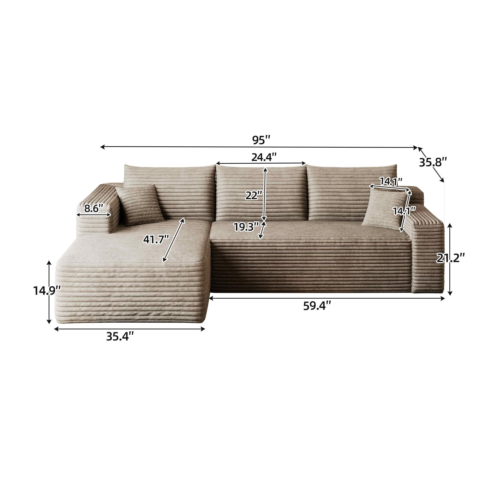 MAYEERTY 95" Corduroy L-Shaped Sectional Sofa, Modern Minimalist Deep Seat Corner Couch with Chaise, No Assembly Leisure Sofa for Home