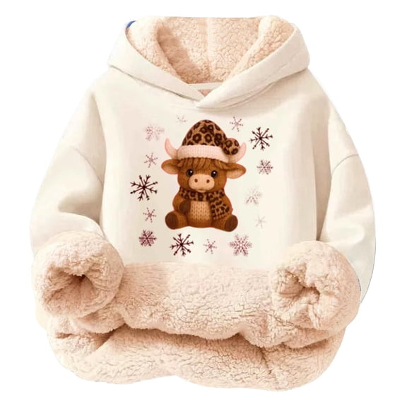 XUELUO Little Girls Hoodies Long Sleeve Drawstring Hood Fleece Lined Cow Snowflake Print Tops For Cold Weather Warm Soft Clothes