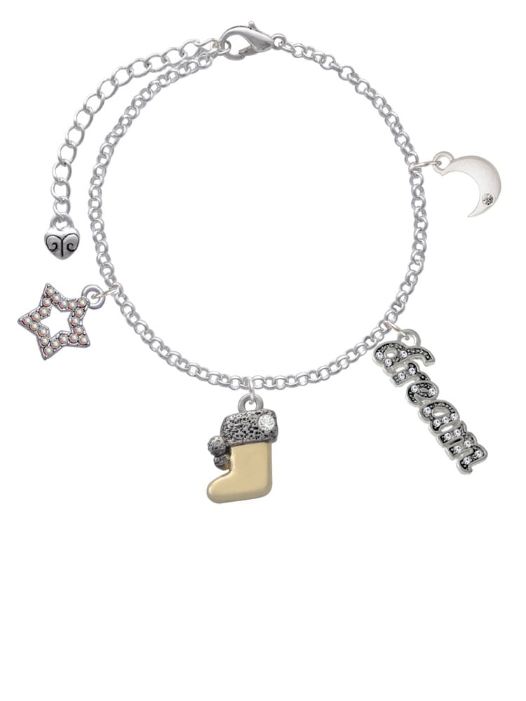 Delight Jewelry Two-tone 3-D Stocking with Clear Crystal Silvertone Dream Big Charm Bracelet, 7.5+2" Extender