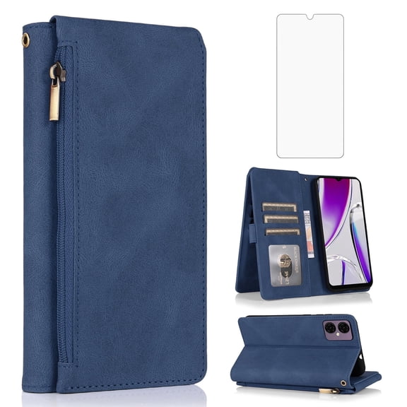 Asuwish Wallet Kickstand Hard Shell Cell Phone Case with Tempered Glass Screen Protector for BLU G53, Blue