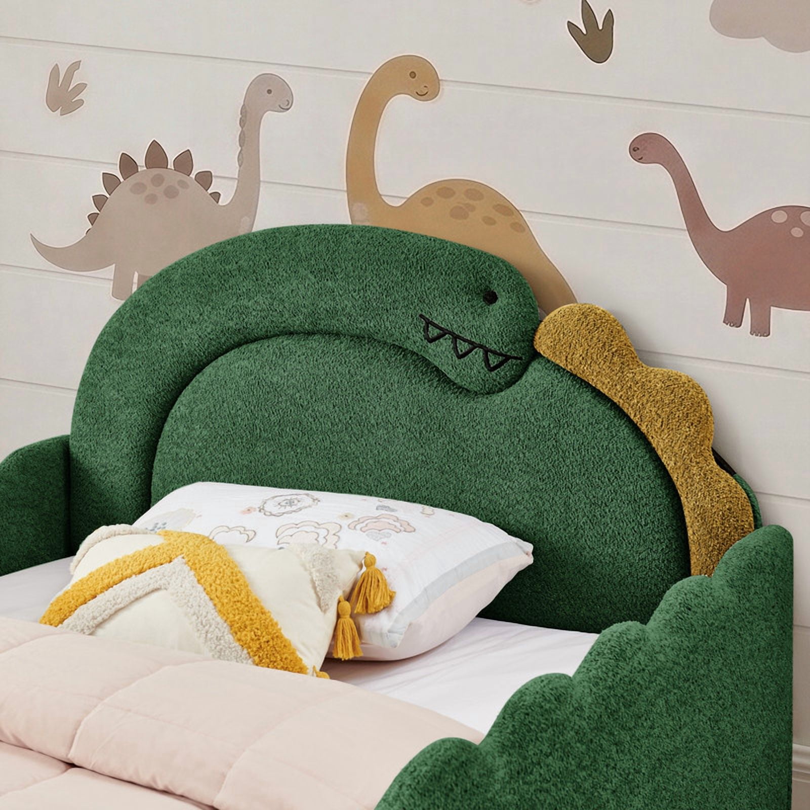 Full Size Kids Dinosaur-Shaped Platform Bed with Guardrails, Low-Profile Upholstered Boucle Fabric Playful Child Daybed Frame