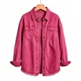 thumbnail image 5 of Women's Denim Overshirt Jacket Lapel Long Sleeve Fringed Hem Loose Casual Jean Shacket Vintage Washed Streetwear Fall Denim Coats Hot Pink, 5 of 5