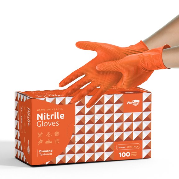 WeCare Nitrile Gloves 8 Mil - Heavy Duty Gloves with Diamond Texture Grip - Powder and Latex Free Disposable Gloves - XL - 100 Count - Orange