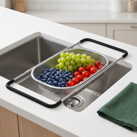 Over the Sink Colander, Expandable Fine Mesh Strainer Basket with Rubber Grip, 9.5W x 13.4-21.3L x 3.3H, Sink Strainer for Veggies Fruits Pasta, Home Kitchen Essentials