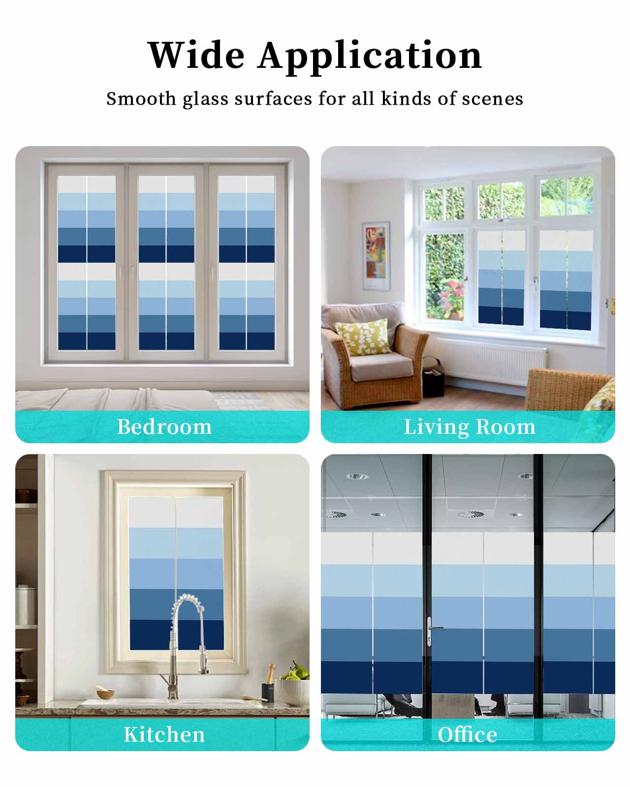 Window Privacy Film, Ombre Blue Grey UV Sun Blocking Window Tint Film Heat Control One Way Blackout Window Film, Simple Modern Farmhouse Stripes Non Adhesive Static Cling Window Sticker 35.4x78.7 In