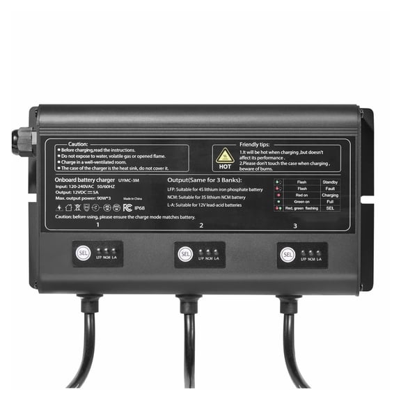 Marine Battery Charger 12V 5A 3-Bank, IP68 Waterproof Onboard Charger for Boat, RV, Yacht, LFP NCM Lead-Acid Batteries, Smart Multi-Stage