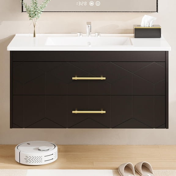 36" Bathroom Vanity with Sink, Floating Bathroom Vanity with Ceramic Basin, 2 Large Storage Drawers with Gold Metal Handle, Modern Wall Mounted Bathroom Cabinet with Sink, Black