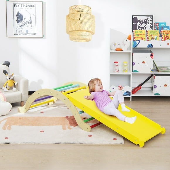 Gymax 3-in-1 Kids Climber Set Wooden Arch Triangle Rocker w/ Blue & Ramp Mat