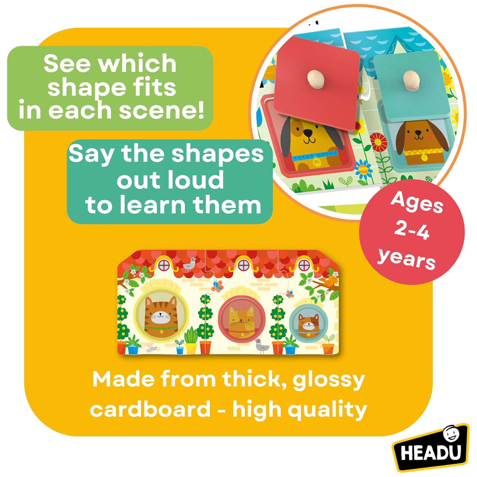 Headu: Progressive Babies Montessori - Wooden Shapes & Color Matching Game, Oversized Animal Scene Puzzle Tiles, Sight Recognition Play, Toddlers 2-4