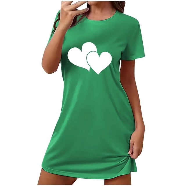 Chemise de Nuit pour Femmes Manches Courtes Vêtements de Nuit Confortables Chemises de Nuit Imprimées Col Rond Tee Robe de Nuit Douce Ample Pyjama Vert G