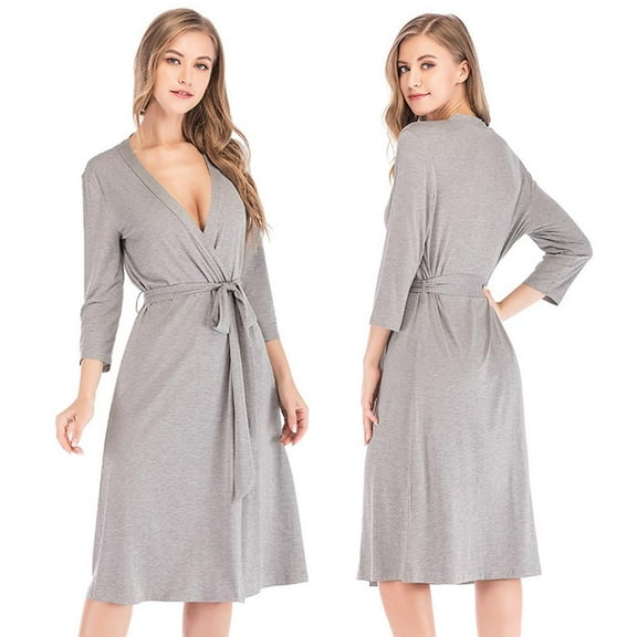 Women Kimono Robes Lightweight Sleepdress Three Quarter Sleeve Bathrobe Knee Length Soft Sleepwear S-XXL,Gray