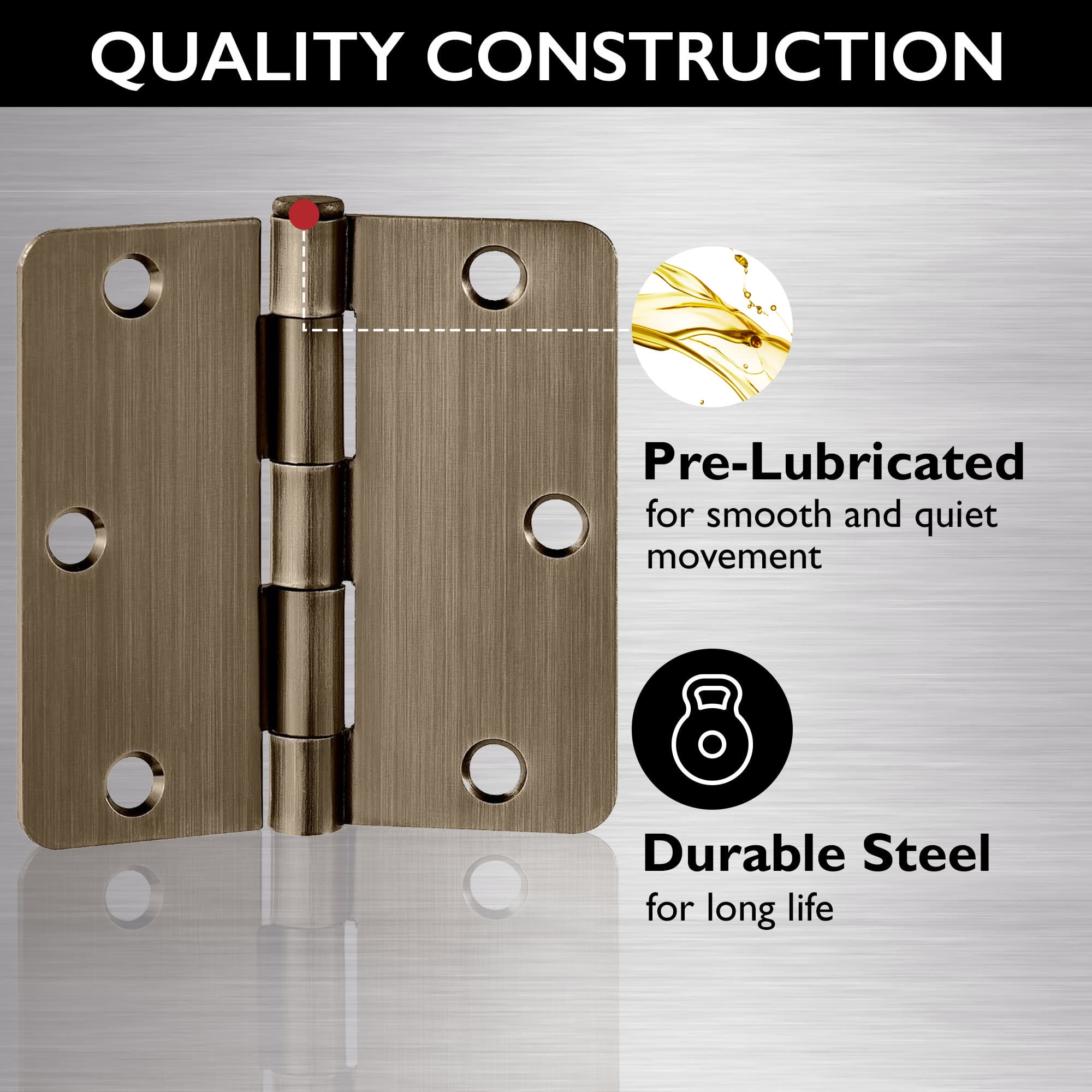 Antique Brass Steel Plain Bearing Door Hinge with Removable Pin, 4 x 4 in. 1/4 in. Radius, 3-Pack