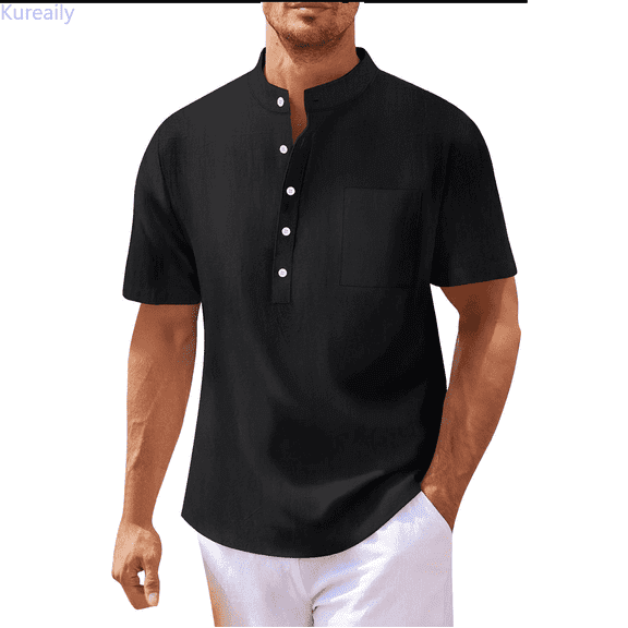 Kureaily Men Soild Color Shirt Short Sleeve Hippie Casual Band Collar Summer Beach T Shirts Men's Loose T-Shirt