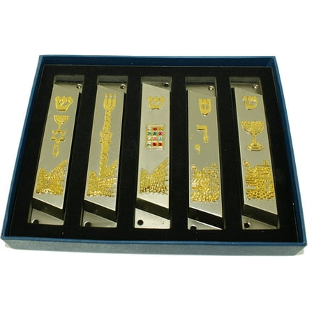 - Large set of 5 Pewter clean and smooth cut and Gold plated Mezuzahs symbols with different enameled themes. Each is abou