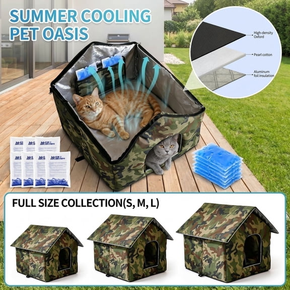 Cooling Pet House with 8 Ice Packs, Foldable Washable Camouflage Insulated Pet Shelter, Indoor Outdoor Summer Cooling House for Cats Small Dogs(L)