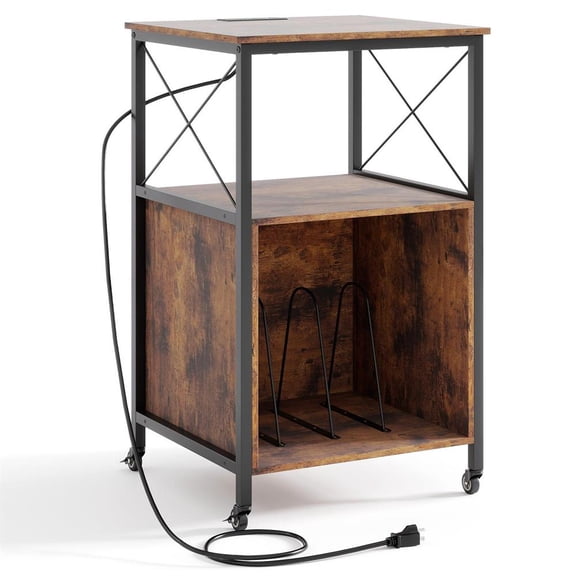Topcobe Mobile Record Player Stand with Power Outlet, Open Shelf And Dividers, End Tables Living Room, Modern Furniture for Home-Rustic Brown