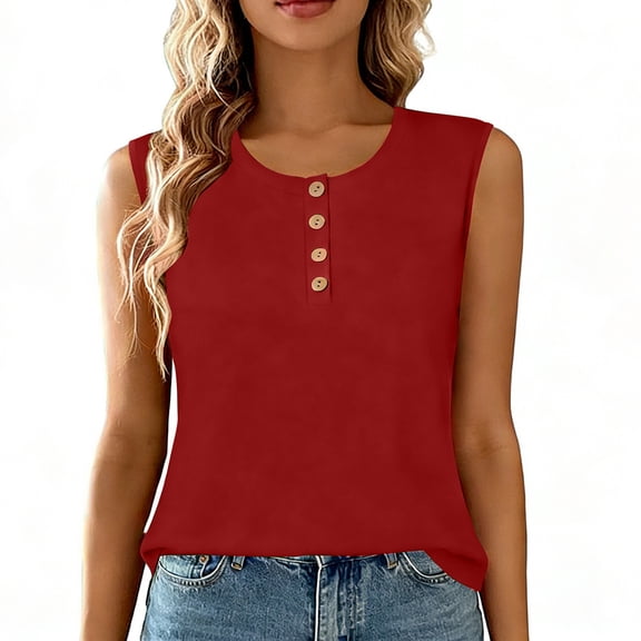 Womens Summer Tops Henley Shirt, Sleeveless Shirts for Women Casual Button Down Crewneck Tank Top Mothers Gifts