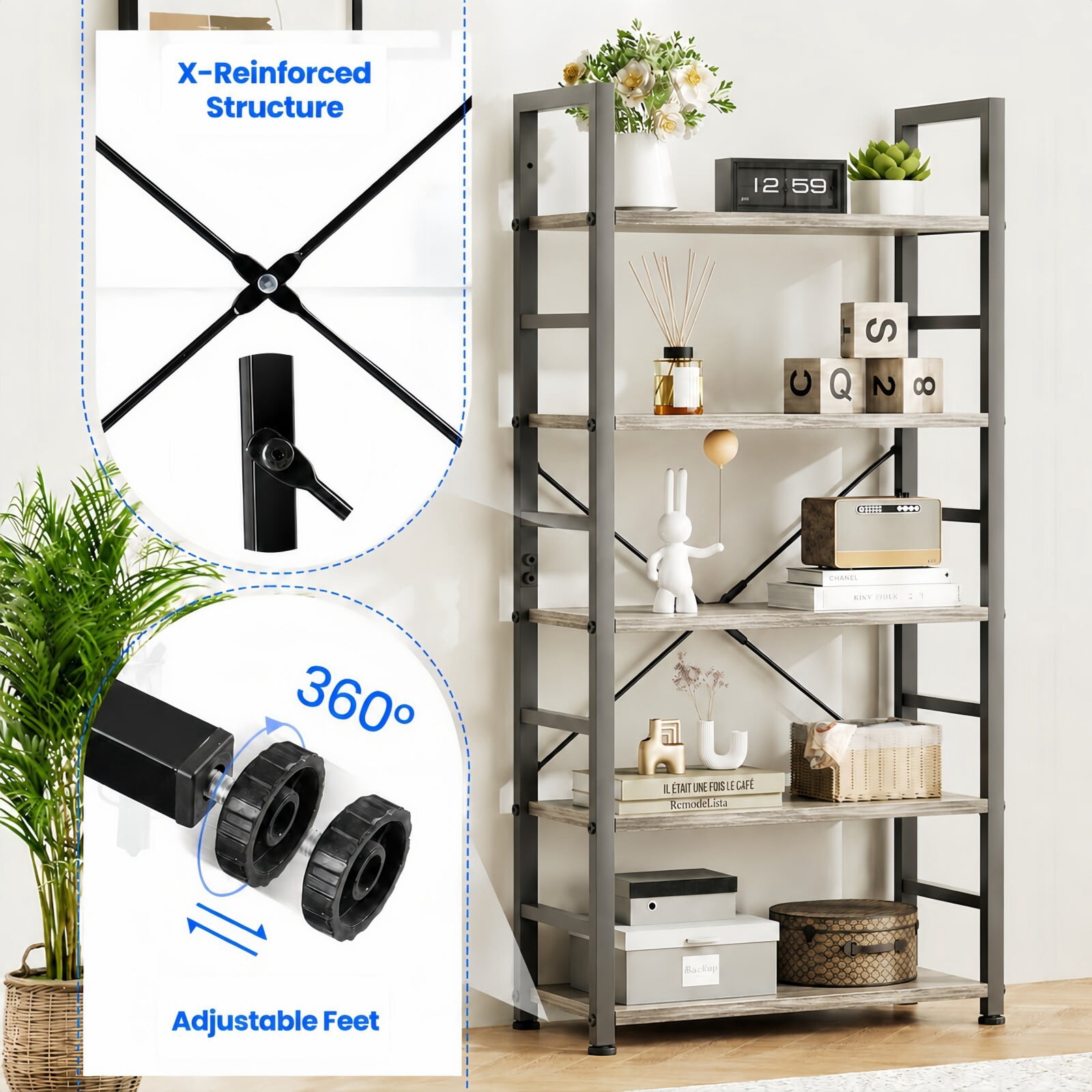 Kelno 5-Tier Bookshelf 62"x24" Industrial Storage Shelf Free Standing Bookcase Metal Frame Bookcase with Open Storage Shelves, Gray