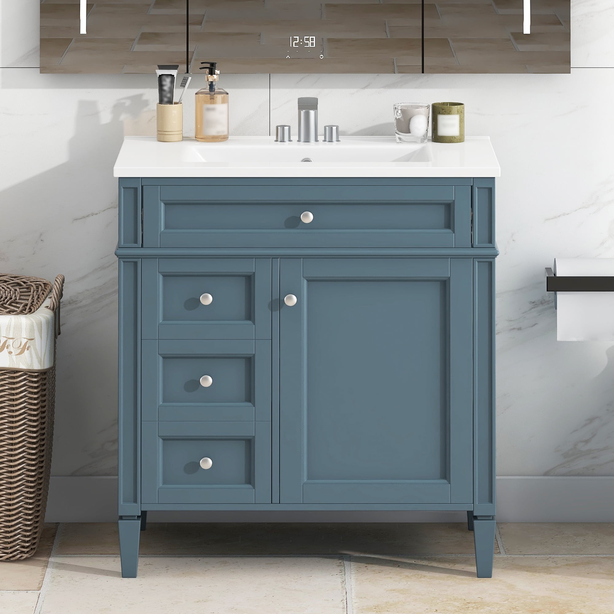 30'' Bathroom Vanity with Top Sink, Modern Bathroom Storage Cabinet with 2 Drawers and a Tip-out Drawer, Single Sink Bathroom Vanity