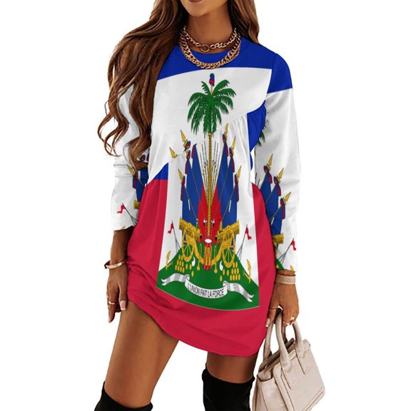 Haiti Haitian Flag Coat of Arms Red Loose Dress Evening Dress Summer Dresses for Women Luxury Dress Long Sleeved Dress