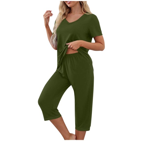 FAZVAOO Women’S Pajamas Sets 2 Piece V Neck Super Soft Short Sleeve and Capri Pants Size S-XXL