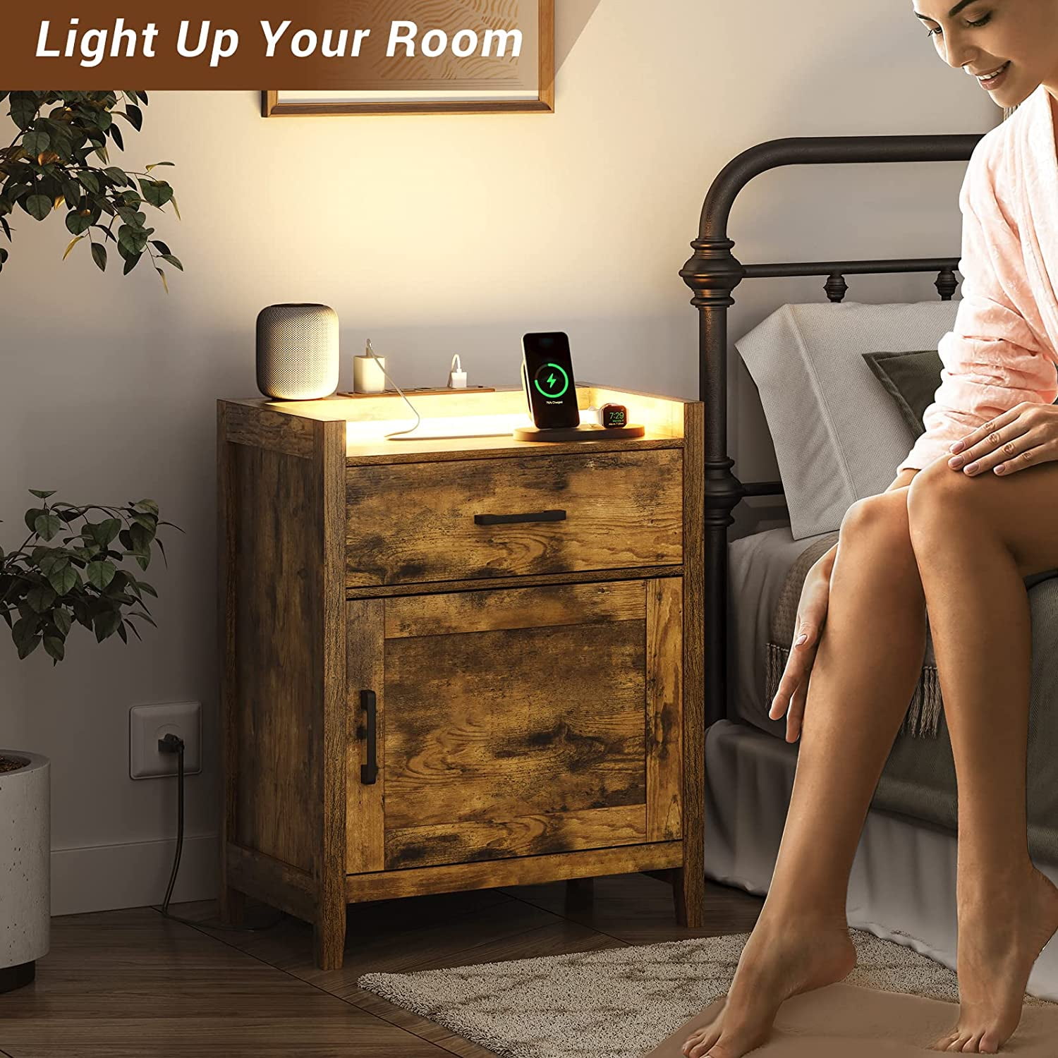Buy EPHEX LED Light Nightstand with Charging Station, Bedside Table