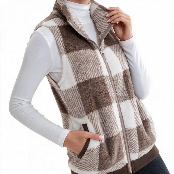 Busydd Women Fleece Vest Fashion Plaid Sleeveless Warm Fuzzy Winter Vest for Women Casual Stand Collar Zipper Women's Outerwear Vests with Pockets