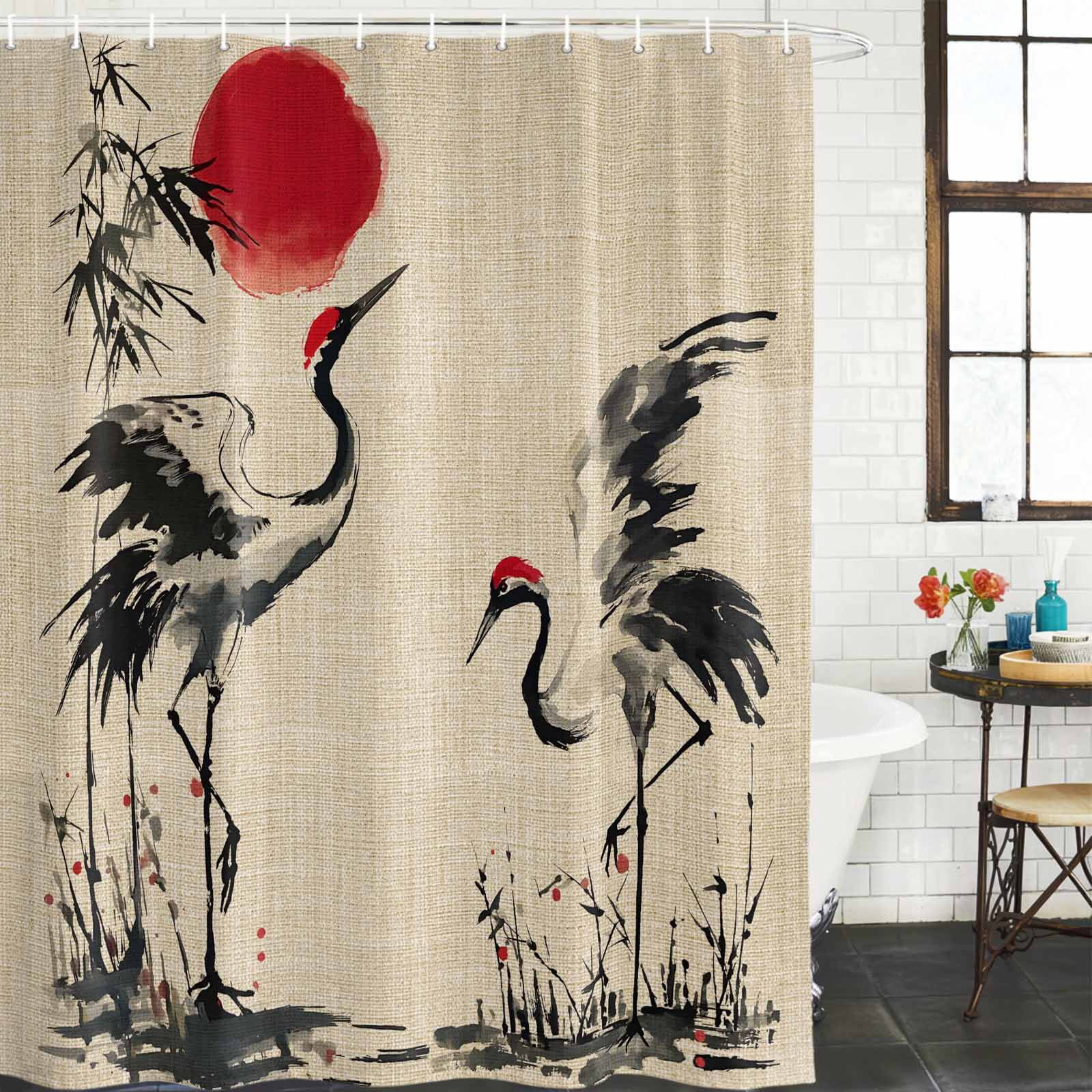Small Stall Shower Curtain 36x72 Inch Narrow Half Size Crane Bath Curtains Bathroom Decor, Black White Ink Wash Red Moon Botanical Farmhouse Waterproof Fabric Shower Curtain Set with Hooks 36 Inch
