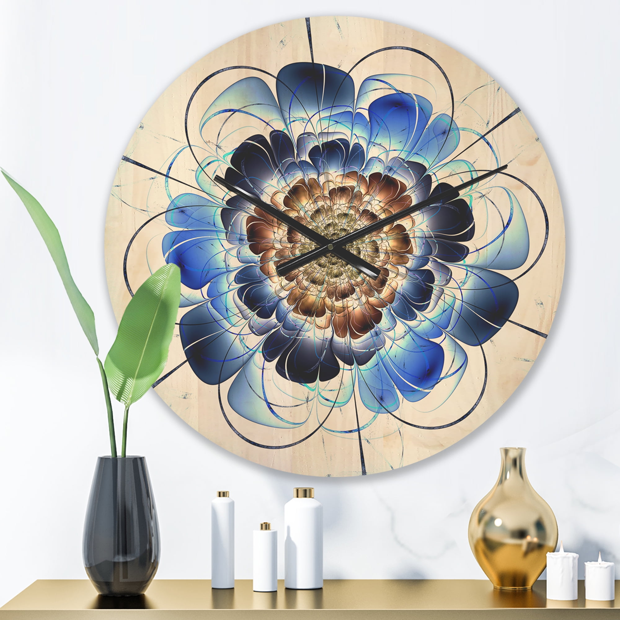 Designart 'Fractal Dark Blue Flower' Modern Wood Wall Clock