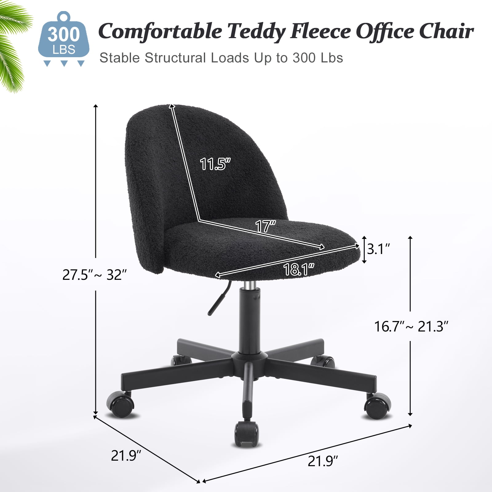 Ktaxon Armless Home Office Desk Chair Cute Mid Back Vanity Stool Teddy Velvet Swivel Task Chairs with Wheels Black