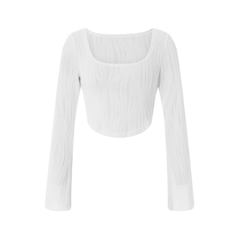 Womens Square Neck Long Sleeve Crop Top Bell Sleeve Asymmetrical Hem Tee  Shirt