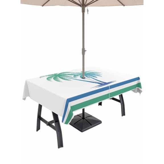Outdoor Tablecloth with Umbrella Hole for Patio/Picnic/Party/Camping, Tropical Palm Trees Waterproof Table Cloth Rectangle Table Cover Washable, Summer Coastal Striped Green Teal (54"x 80")