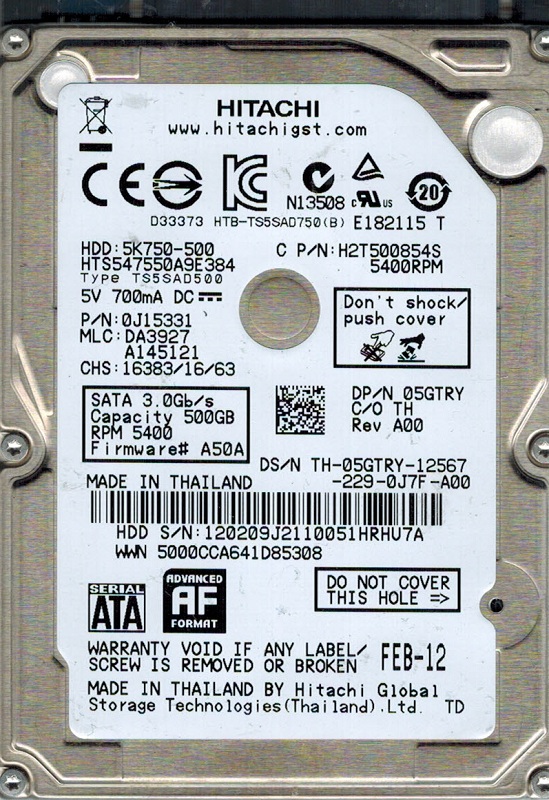 Disque Dur Interne Hitachi 500 Go HTS547550A9E384 - Occasion Formaté, Pour Portable 2.5" SATA - Stockage D'occasion