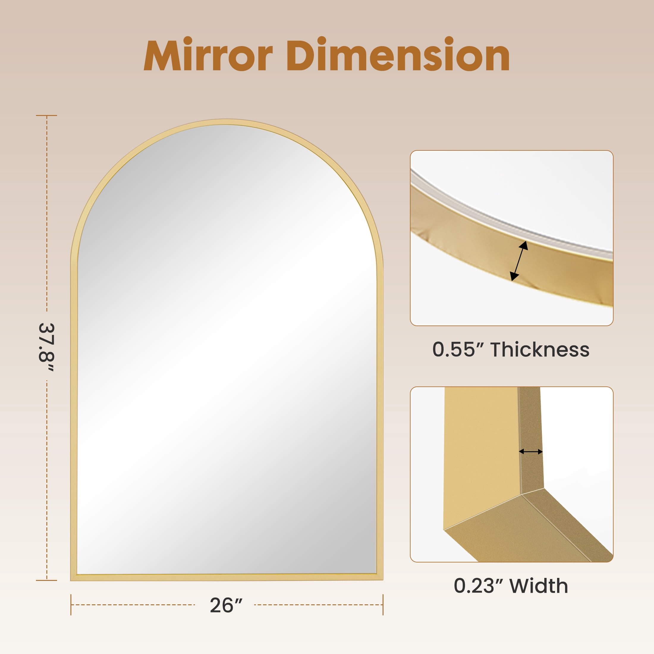 EDX 26"X38" Arched Bathroom Mirror, Wall Mounted Mirror with Aluminum Alloy Frame, Bathroom Mirror for Living Room, Bedroom, Bathroom and Entryway, Gold