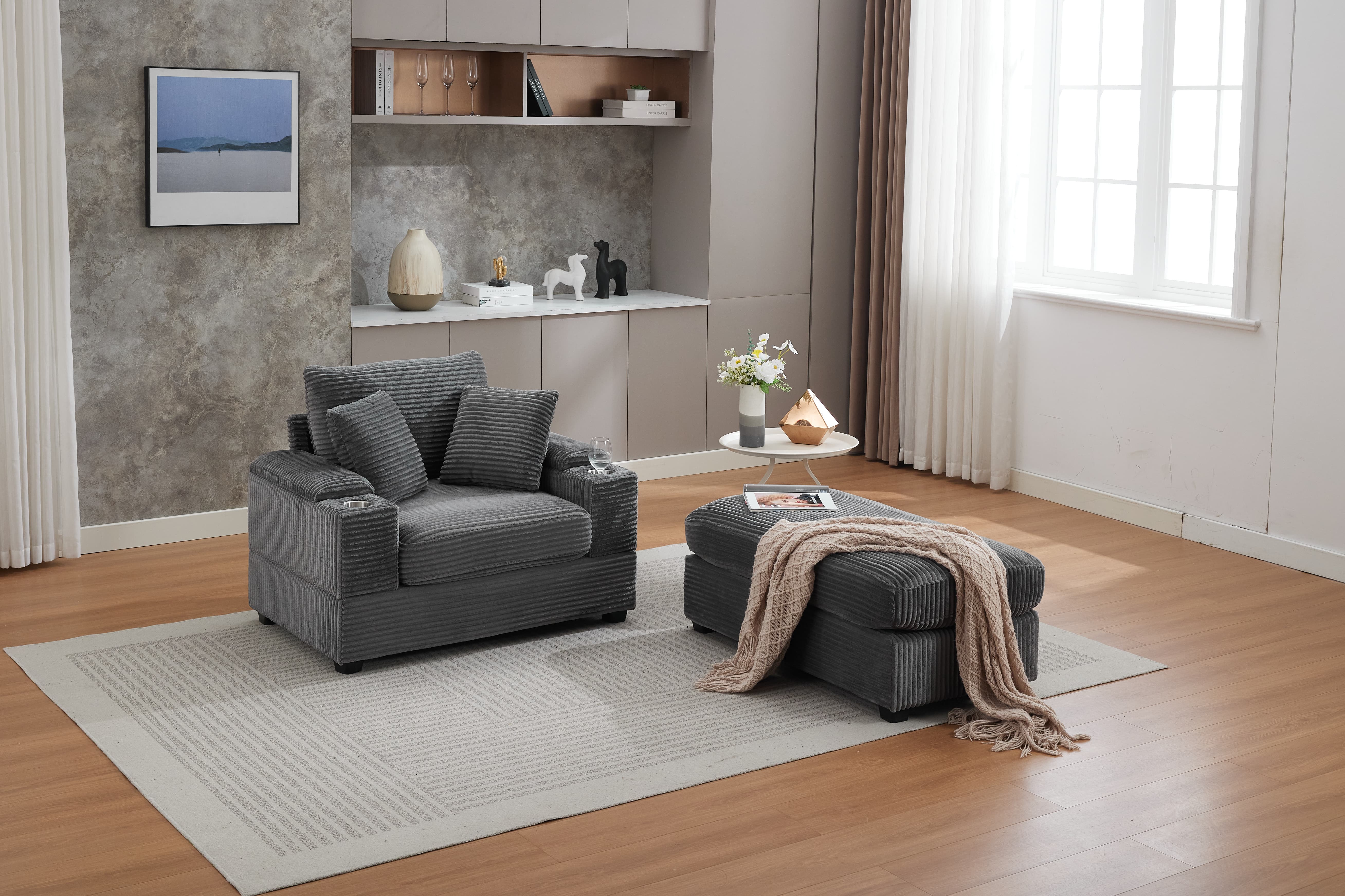 Chaise Lounge Chair Indoor Furniture, Corduroy Upholstered Chaise Lounge Sofa, Deep Seat Sofa with Handrail storage and Cupholders, Movable ottoman, Detachable Cushions for Living Room Bedroom,Grey