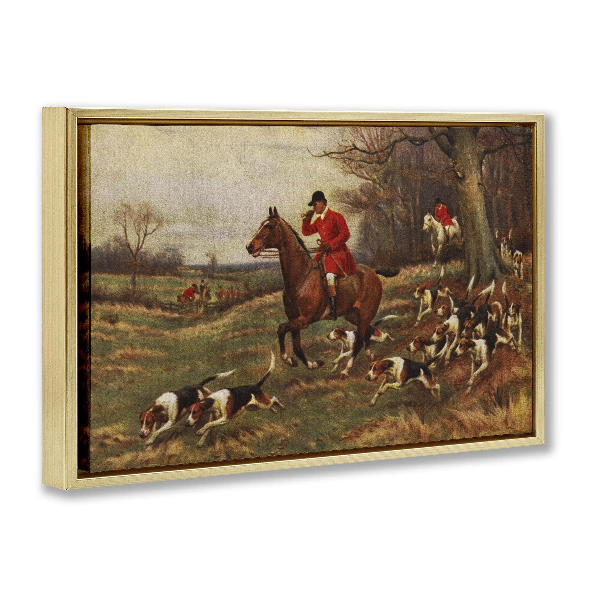 Stupell Industries Vintage Hunting Party Dogs People Painting Gold Floater Framed Canvas Art Print Wall Art, 25 x 17