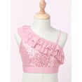 thumbnail image 3 of TiaoBug Kids Girls Asymmetrical Ruffled Sequin Performance Crop Tops Modern Jazz Hip Hop One Shoulder Dance Top Pink 8, 3 of 7