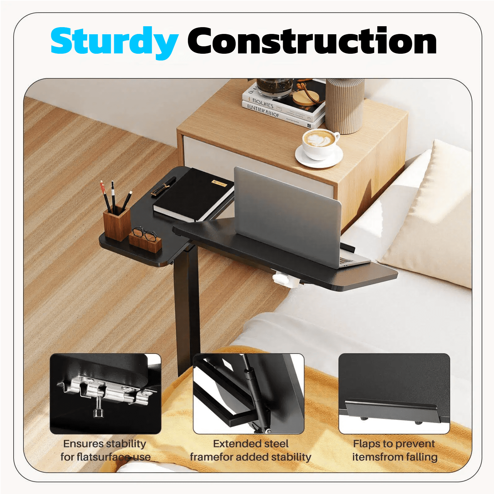 CONCETTA Overbed Table with Wheels Mobile Standing Desk, Adjustable height, Single-Sided Flip, Saves Space for Hospital, Home, Black