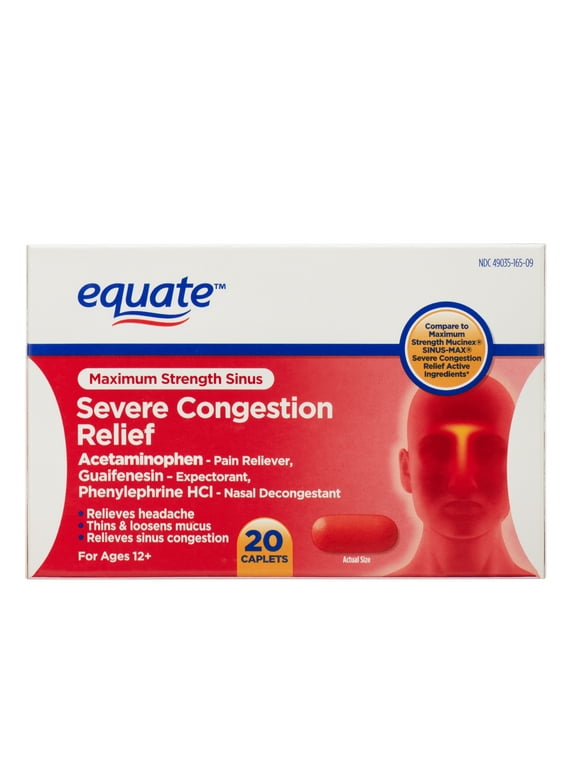 Equate Maximum Strength Sinus Severe Congestion Relief Caplets, 20 Count