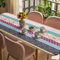 thumbnail image 3 of Bohemia Ethnic Table Cloths for 8 Foot Rectangle Tables, Boho Tribal Teal Orange Purple Stripes Leaves Patio Waterproof Elastic Fitted Tablecloths, Washable Rectangular Table Cover for Camping, 3 of 8