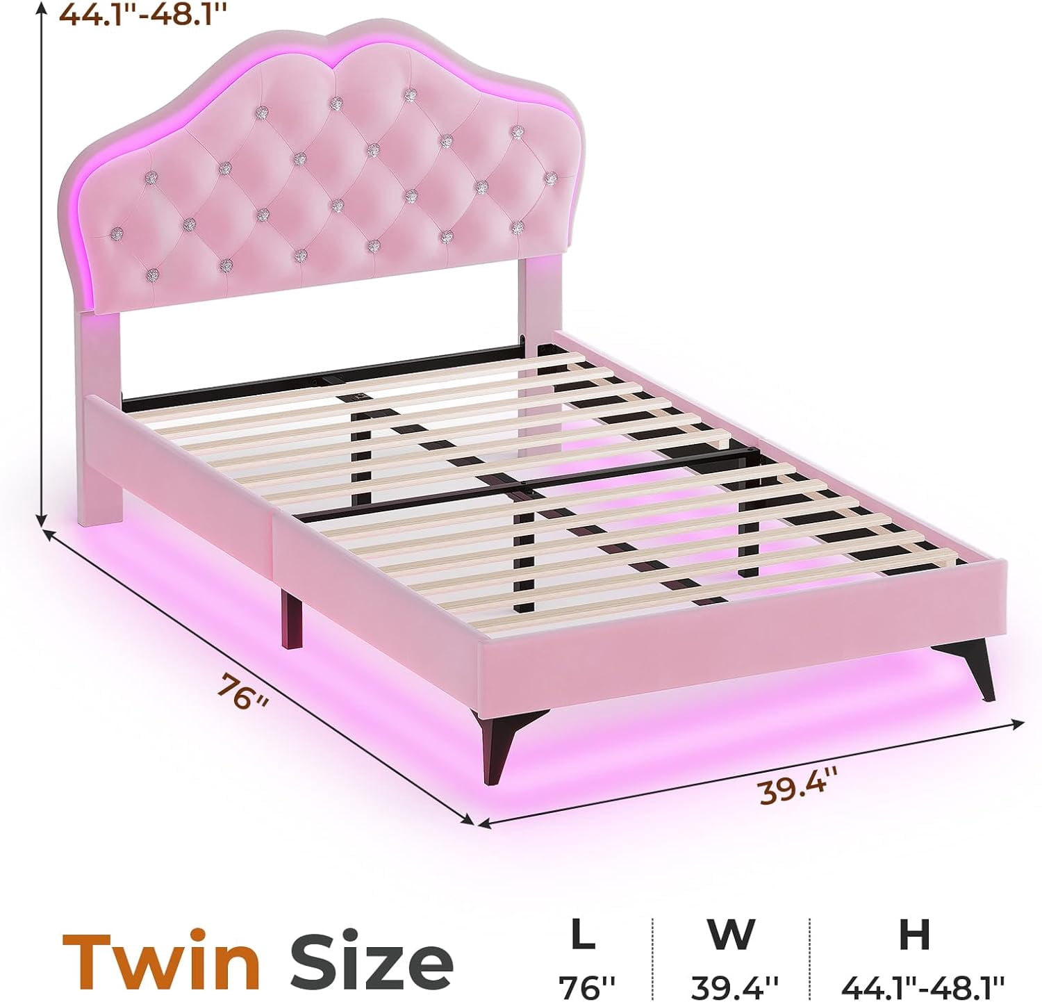 Afuhokles Twin Size Bed Frame with LED Lights, Upholstered Platform Bed, Pink
