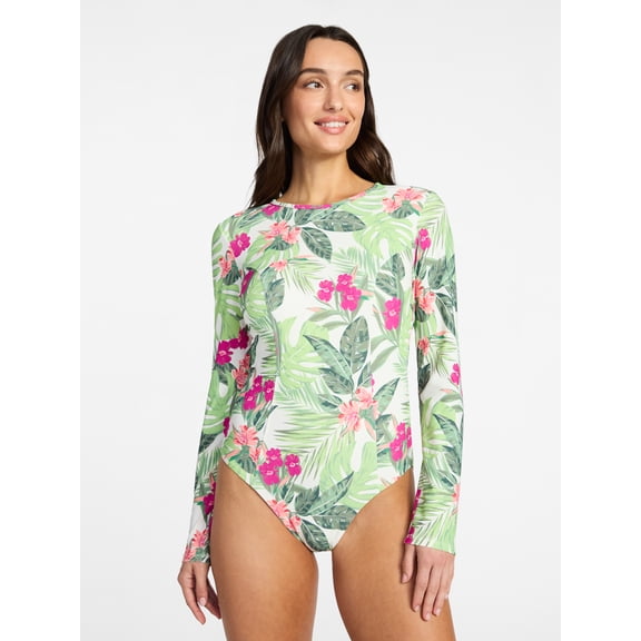 Time and Tru Women's and Women's Plus Size One Piece Rash Guard Swimsuit with Long Sleeves, Sizes XS-3X