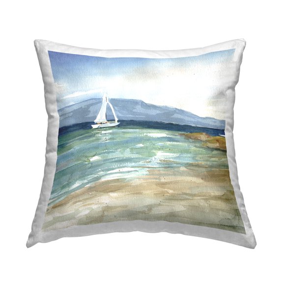 Stupell Industries Seaside Sailboat Landscape Square Decorative Printed Throw Pillow, 18 x 18
