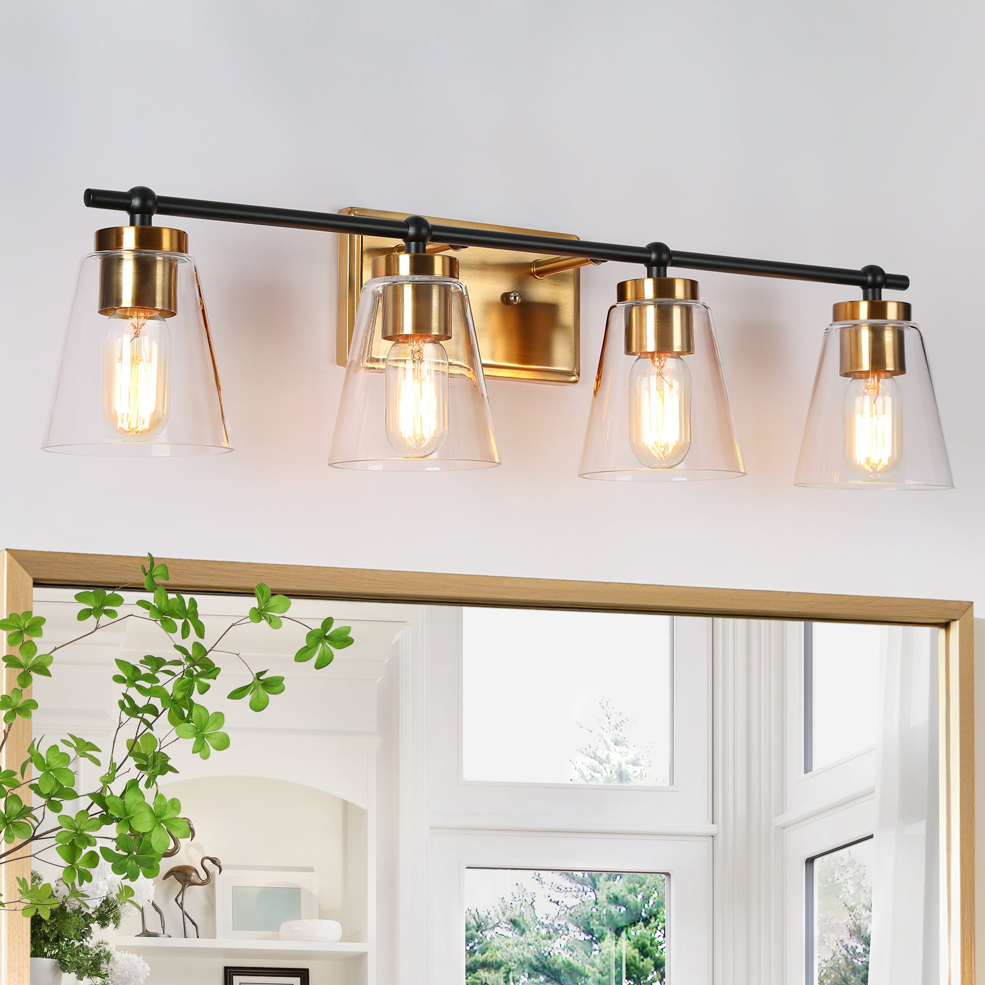 LNC Alumbrar 29-in Polished Gold and Matte Black Bathroom Vanity Light with Clear Glass Cone Shades, Modern, 4-Light
