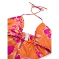 thumbnail image 3 of Orange Sleeveless Halter Maxi Dress With Vibrant Floral Print, Tie-Up Ruched Backless Cutout Design, 3 of 5