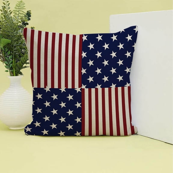 AHGQT 4th of July Patriotic Throw Pillow Covers 14"x14", Memorial Day Independence Day Red Stripe Blue Star Outdoor Cushion Cases, Polyester Outdoor Pillow Case for Sofa Couch,1PCS