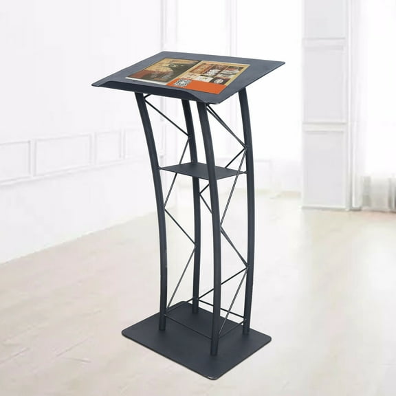 Miumaeov 47" Curved PodiumWrought Iron Paint Metal Table Top with Cup Holder for Conference Pulpit Church Lectern
