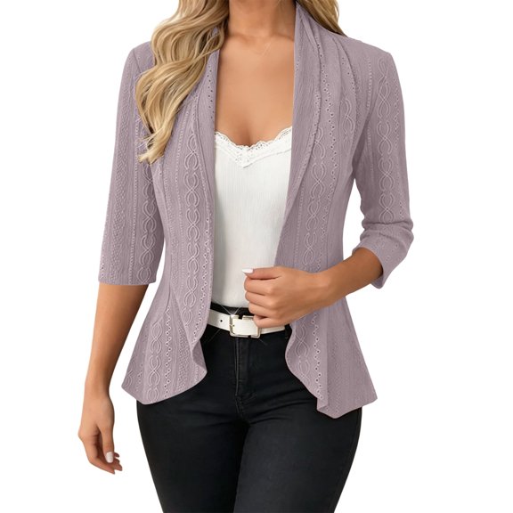 Ynynloco Women's Dressy Casual Blazer Open Front Office Work Business Lightweight Eyelet Embroidery Crop Suit Blazers